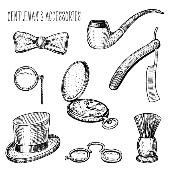 Gentleman accessories. hipster or businessman, victorian era. engraved hand drawn in old vintage sketch. cylinder hat, smoking pipe, straight razor, monocle, pince-nez, shaving brush, butterfly tie. — Stock Vector