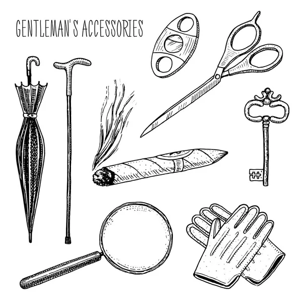 Accessori per gentiluomini. hipster o uomo d'affari, epoca vittoriana. inciso a mano disegnato in vecchio schizzo d'epoca. forbici e ombrello, bastone da passeggio, sigaro e lente d'ingrandimento, guanti e chiave . — Vettoriale Stock