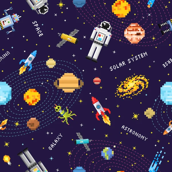 Espacio sin costuras patrón de fondo, astronauta alienígena, cohete robot y cubos de satélite planetas sistema solar pixel art, estilo de juego vintage digital. Mercurio, Venus, Tierra, Marte, Júpiter, Saturno . — Vector de stock