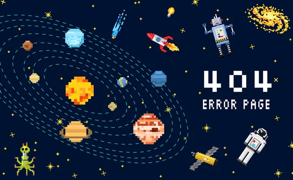 404 felsida. hittades inte. utrymme spaceman, robot raket och satellit kuber solsystemet planeter pixel konst, bakgrund, digitala spel vintagestil. Internet anslutning problem koncept. — Stock vektor