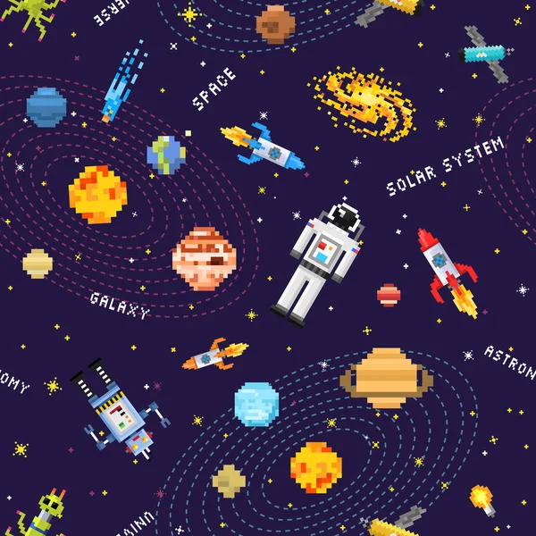 Espaço sem costura fundo padrão, alienígena, foguete robô e satélites cubos sistema solar planetas pixel arte, estilo de jogo vintage digital. Mercúrio, Vênus, Terra, Marte, Júpiter, Saturno . —  Vetores de Stock