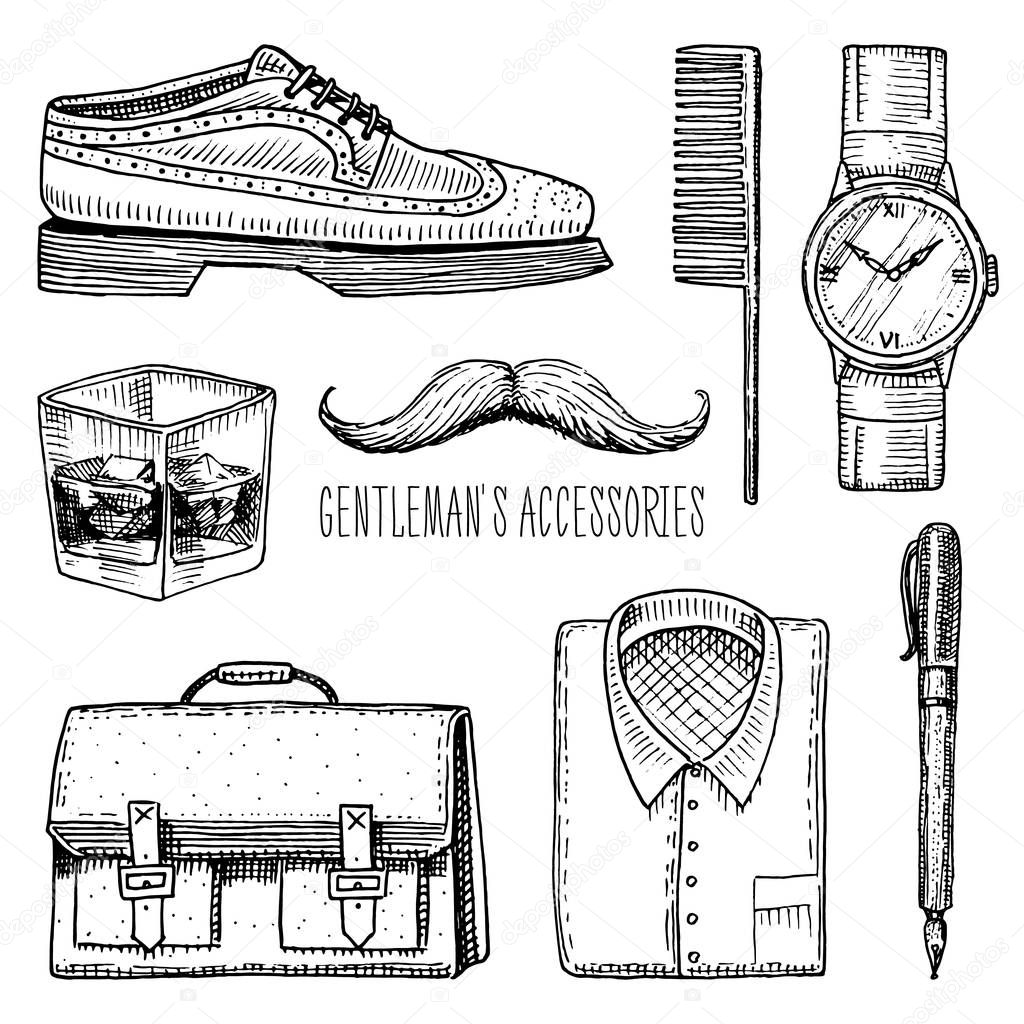 gentleman accessories. hipster or businessman, victorian era. engraved hand drawn vintage. brogues and fountain pen, briefcase and pouch, comb and wristwatch, mustache and shirt, a glass of whiskey.