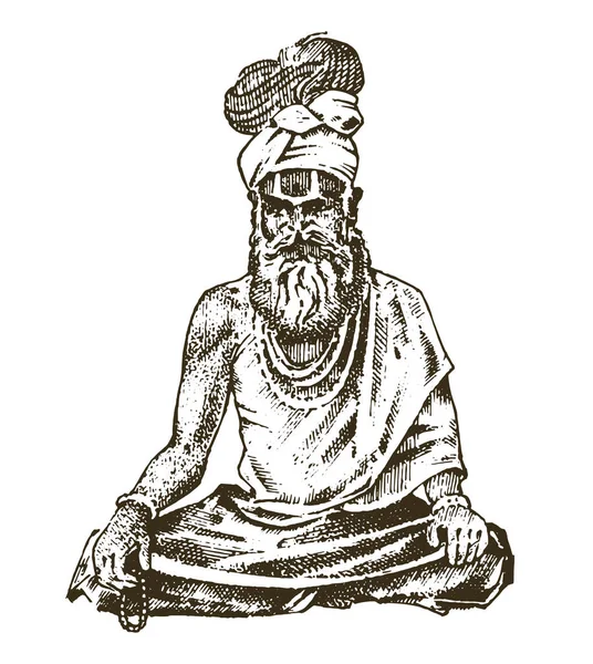 Hindou en tenue nationale. Moine spirituel indien méditant et point de repère ou architecture. sadhu religieux traditionnel. gravé à la main dessiné dans un vieux croquis, style vintage . — Image vectorielle