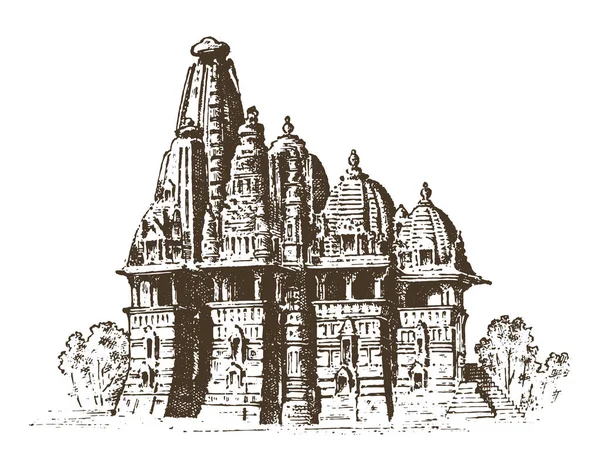 インドの建築、伝統宗教ヒンドゥー教寺院のランドマーク。刻まれた手の古いスケッチ、ビンテージ スタイルで描画されます。ムンバイ、バンガロール、アーメダバード. — ストックベクタ