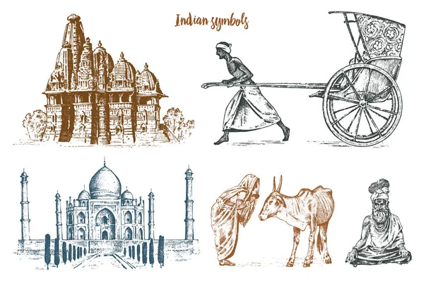 Monje indio meditando y punto de referencia o arquitectura. Taj Mahal, vaca animal tradicional. Granjero hindú con Rickshaw. mausoleo-mezquita. mano grabada dibujada en boceto viejo, estilo vintage . — Vector de stock