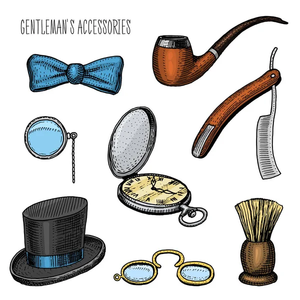 Gentleman accessoires. Hipster of zakenman, Victoriaanse tijdperk. gegraveerde hand getrokken in oude vintage schets. cilinder hoed, smoking pijp, scheermes, monocle, pince-nez, scheren borstel, vlinder stropdas. — Stockvector