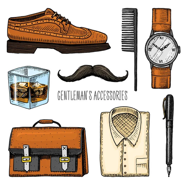 Gentleman accessories. hipster or businessman, victorian era. engraved hand drawn vintage. brogues and fountain pen, briefcase and pouch, comb and wristwatch, mustache and shirt, a glass of whiskey. — Stock Vector