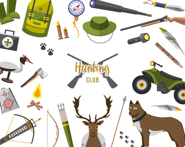 Camping trip equipment collection. accessories and base camp. hike outdoor adventure elements. tourism, engraved hand drawn in old sketch, vintage style. backpack and lantern, tent and deer and gun. — Stock Vector