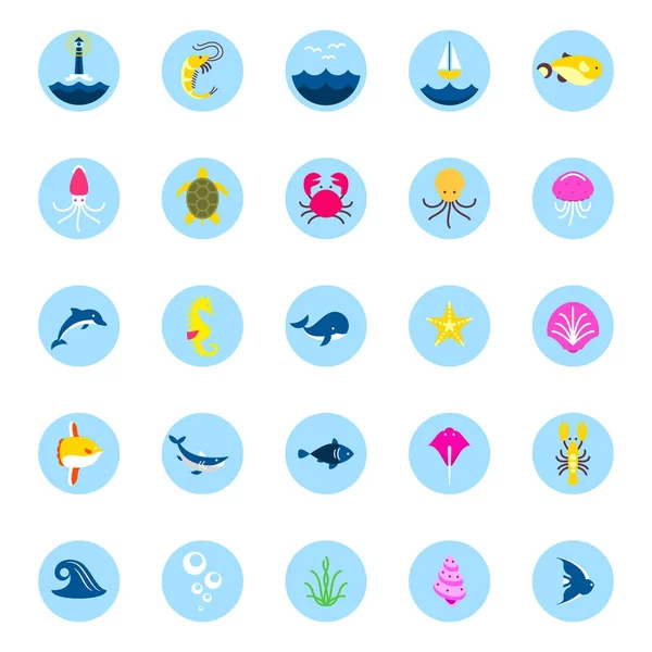 Logotipo del océano o el mar con animales y peces, mariscos y conchas marinas. icono marino. uso para la interfaz en la aplicación . — Vector de stock