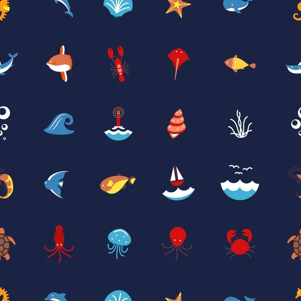 Seamless pattern ocean or sea with with animals and fish, shellfish and seashells. marine icon. use for the interface in the application. — Stock Vector