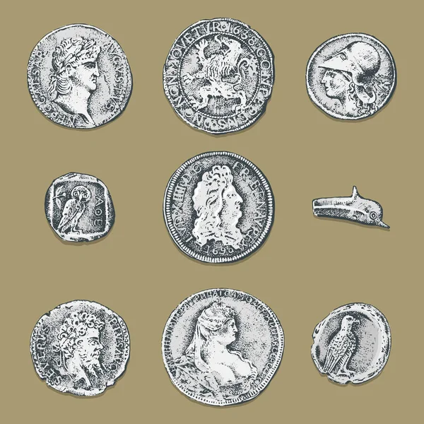 Impostare monete antiche o denaro. ricompensa in denaro greca e romana. inciso a mano disegnato in vecchio schizzo, stile vintage . — Vettoriale Stock