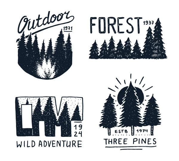 Forêt de conifères, montagnes et logo en bois. camping et nature sauvage. paysages avec pins et collines. emblème ou insigne, tente touristique, voyage pour les étiquettes. gravé à la main dans un vieux croquis vintage — Image vectorielle