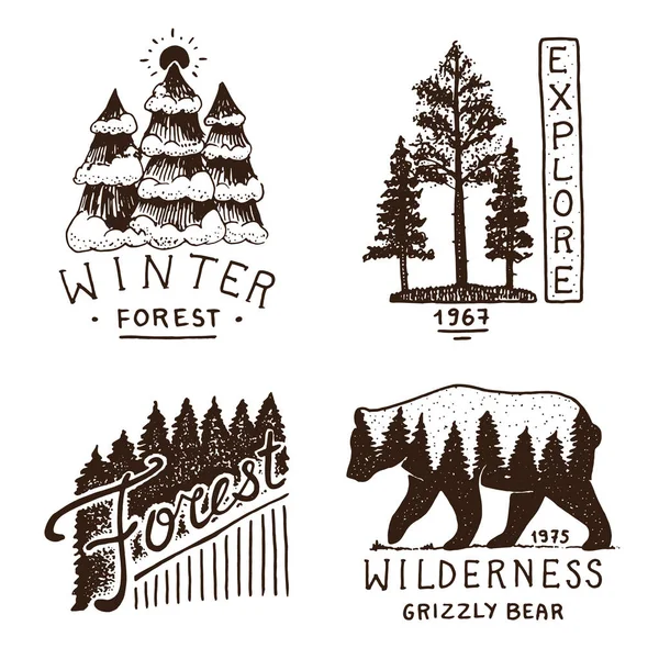 Coniferous forest, mountains and wooden logo. camping and wild nature. landscapes with pine trees and hills. emblem or badge, tent tourist, travel for labels. engraved hand drawn in old vintage sketch — Stock Illustration Coniferous forest, mountains and wooden logo. camping and wild nature. landscapes with pine trees and hills. emblem or badge, tent tourist, travel for labels. engraved hand drawn in old vintage sketch Royalty Free Stock Vectors