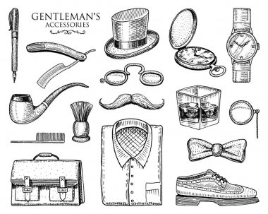 Beyefendi aksesuarları. hippi ya da işadamı, Victoria dönemi. oyma el çekilmiş vintage. brogues, bıyık, gömlek ve puro. Silindir şapka, Sigara boru, ustura, tek gözlük, gözlük