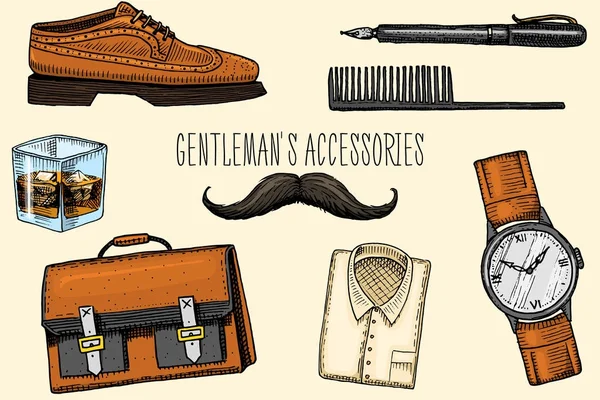 Accesorios caballero. hipster o hombre de negocios, época victoriana. grabado a mano dibujado vintage. brogues y estilográfica, maletín y bolsa, peine y reloj de pulsera, bigote y camisa, un vaso de whisky . — Vector de stock