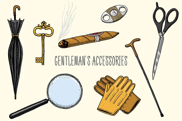 Accesorios caballero. hipster o hombre de negocios, época victoriana. mano grabada dibujada en un viejo boceto vintage. tijeras y paraguas, bastón, cigarro y lupa, guantes y llave . — Vector de stock