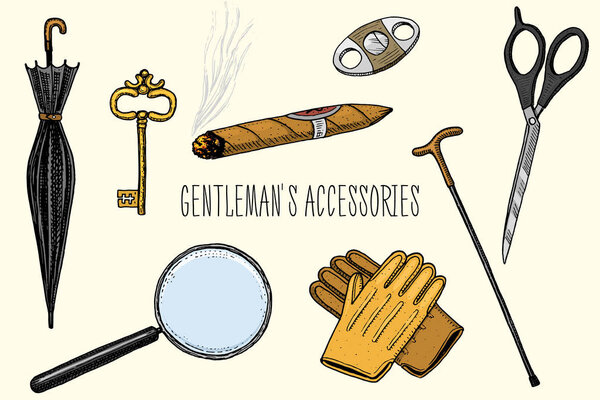 Аксессуары. Хипстер или бизнесмен, викторианская эпоха. Выгравированная рука, нарисованная на старинном наброске. ножницы и зонтик, трость, сигара и лупа, перчатки и ключ
.