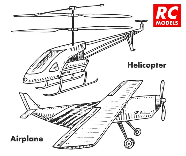 Transporte RC, modelos de control remoto. juguetes elementos de diseño para emblemas, icono. helicóptero y avión o avión. radio de renacimiento sintonizador sistema de radiodifusión. Tecnologías innovadoras. mano grabada dibujada . — Vector de stock