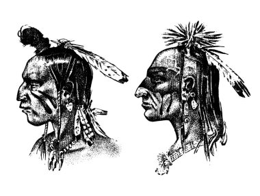 Kızılderili Hintli headdress ve tüyleri ile. Kuzey veya Sioux Batı baş maskotu. geleneksel kültür. yarı-yüz, oyma el eski kroki, vintage tarzı gerçekçi çizilmiş.