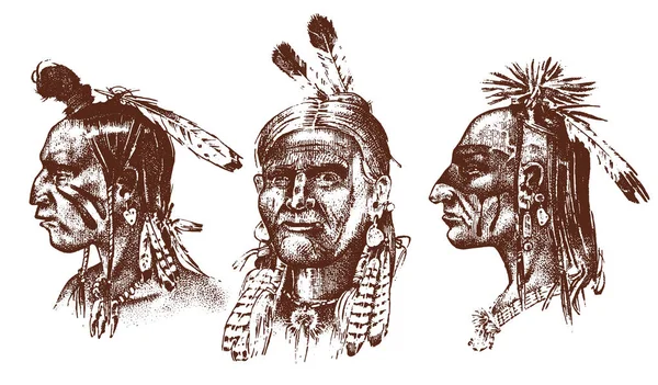 Native American Indian man med huvudbonad och fjädrar. Norra eller västra huvud maskot av Sioux. traditionell kultur. halv-face, graverade hand dras realistiska i gamla skiss, vintagestil. — Stock vektor