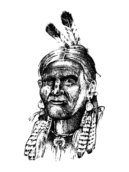 Native American Indian man z nakrycia głowy i piór. Północnej lub zachód głowy maskotka Sioux. tradycyjnej kultury. pół twarzy, grawerowane ręcznie rysowane realistycznie w stary szkic, Styl vintage. — Wektor stockowy