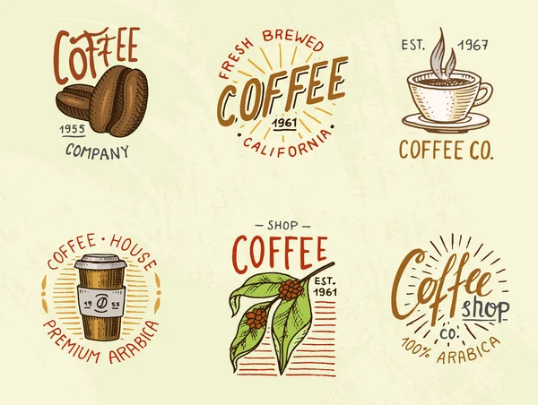 Conjunto de logos de café. elementos vintage modernos para el menú de la tienda. Ilustración vectorial. colección de decoración de diseño para insignias. estilo de caligrafía para marcos, etiquetas. .. mano grabada dibujada en boceto viejo . — Vector de stock