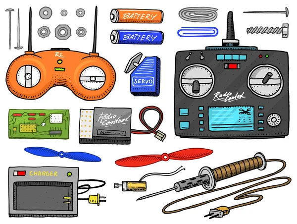 RC transport och instrument, fjärrkontroll modeller. leksaker designelement för emblem. båt eller fartyg och bil eller maskin. Revival radio tuner sändningssystem. graverade hand dras. — Stock vektor