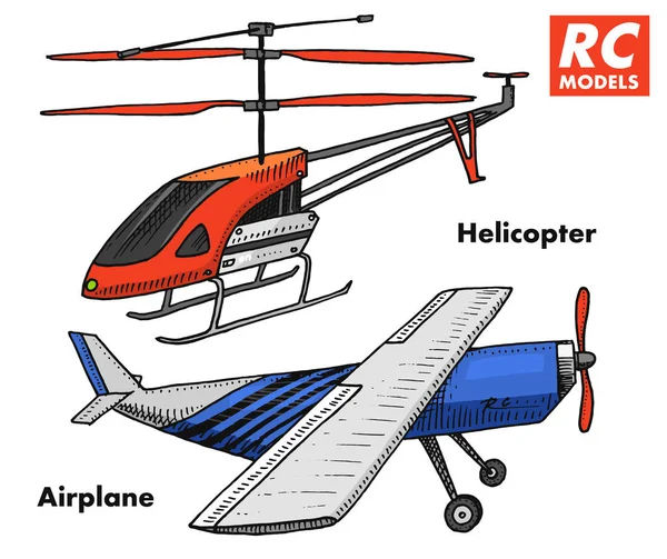 Rc transport, fernbedienung modelle. Spielzeug Design-Elemente für Embleme, Symbol. Hubschrauber und Flugzeug oder Flugzeug. Wiederbelebung Radios Tuner Broadcasting System. innovative Technologien. von Hand gezeichnet. — Stockvektor