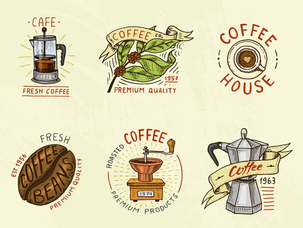 Kaffee-Logos. moderne Vintage-Elemente für die Shop-Speisekarte. Vektorillustration. Dekorationssammlung für Abzeichen. Kalligraphie-Stil für Rahmen, Etiketten. gravierte Hand in alter Skizze gezeichnet. — Stockvektor