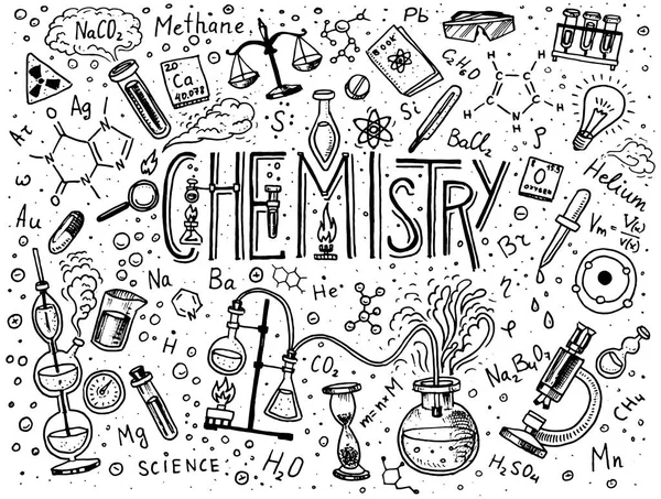 Chimica delle icone impostato. Lavagna con elementi, formule, atomo, provetta e attrezzatura di laboratorio. spazio di lavoro del laboratorio e ricerca di reazioni. scienza, educazione, medicina. inciso a mano . — Vettoriale Stock