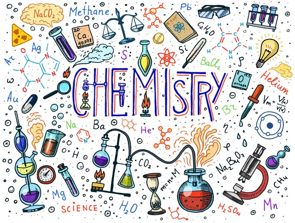 Chemie der eingesetzten Symbole. Tafel mit Elementen, Formeln, Atomen, Reagenzgläsern und Laborgeräten. Laborarbeitsplätze und Reaktionsforschung. Wissenschaft, Bildung, Medizin. von Hand gezeichnet. — Stockvektor