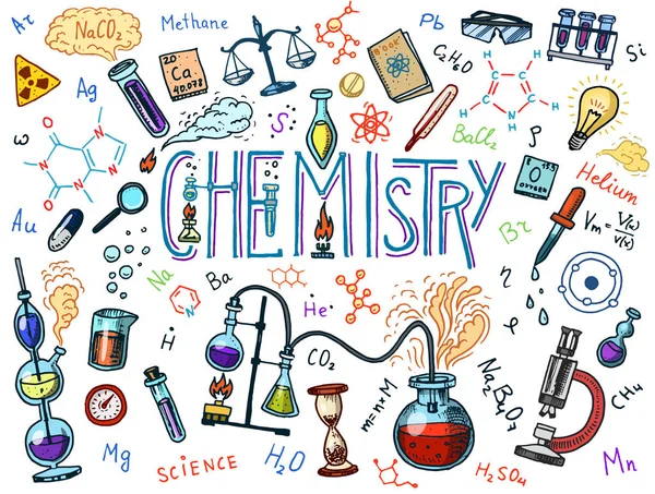 Chemistry of icons set. Chalkboard with elements, formulas, atom, test-tube and laboratory equipment. laboratory workspace and reactions research. science, education, medical. engraved hand drawn. — Stock Vector