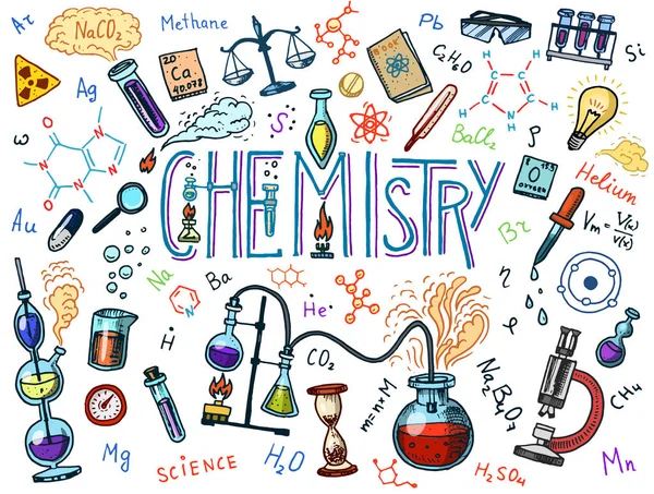 Conjunto de química de iconos. Pizarra con elementos, fórmulas, átomo, tubo de ensayo y equipo de laboratorio. espacio de trabajo de laboratorio y la investigación de reacciones. ciencia, educación, medicina. mano grabada dibujada . — Archivo Imágenes Vectoriales