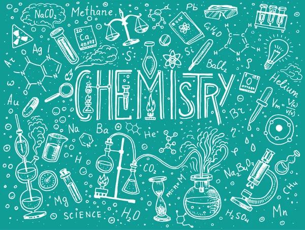 アイコン セットの化学。黒板の数式の要素の原子は、試験管と実験装置。研究室のワークスペースと反応の研究。科学、教育、医療。刻まれた手描き. — ストックベクタ