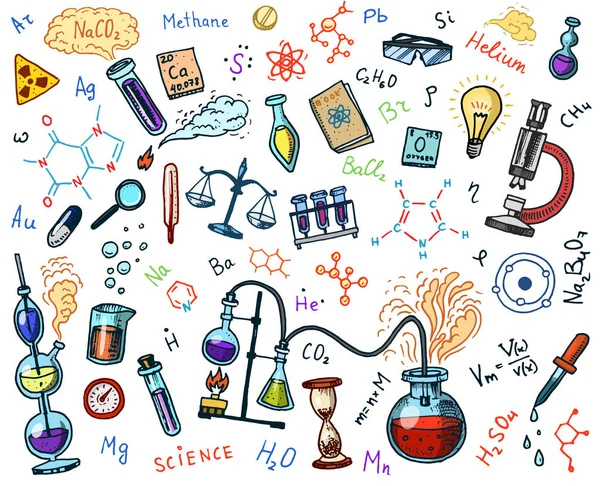 Chemie der eingesetzten Symbole. Tafel mit Elementen, Formeln, Atomen, Reagenzgläsern und Laborgeräten. Laborarbeitsplätze und Reaktionsforschung. Wissenschaft, Bildung, Medizin. von Hand gezeichnet. — Stockvektor