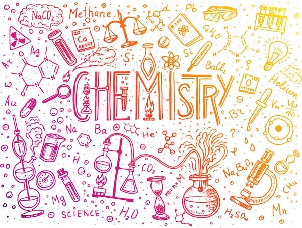 Chemie van pictogrammen instellen. Schoolbord met elementen, formules, atom, reageerbuis en laboratoriumapparatuur. laboratoriumonderzoek werkruimte en reacties. wetenschap, onderwijs, medische. gegraveerde hand getrokken. — Stockvector