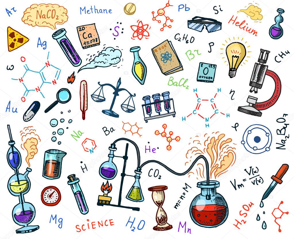 Chemistry of icons set. Chalkboard with elements, formulas, atom, test-tube and laboratory equipment. laboratory workspace and reactions research. science, education, medical. engraved hand drawn.