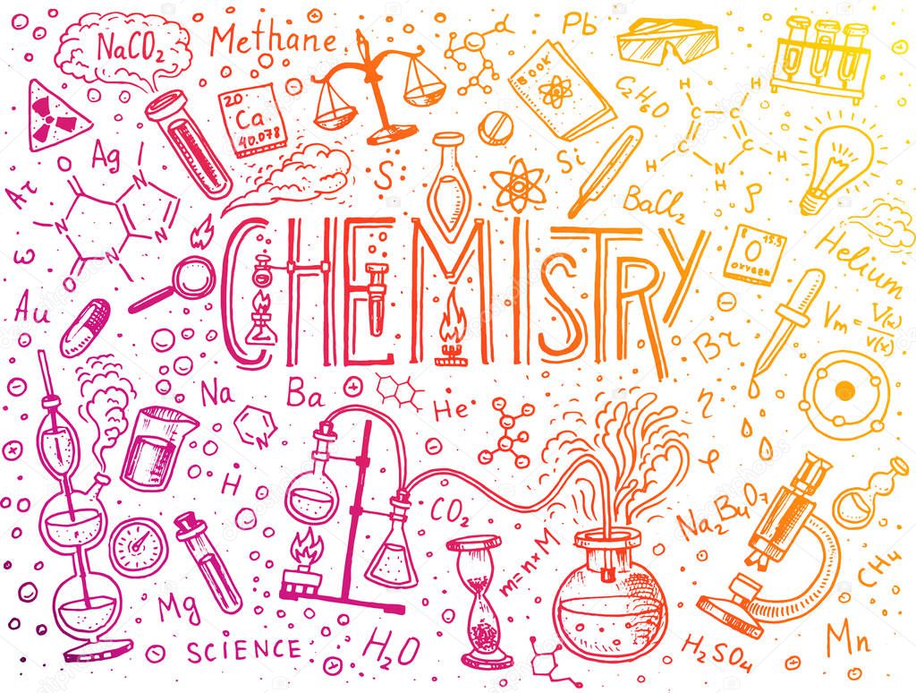 Chemistry of icons set. Chalkboard with elements, formulas, atom, test-tube and laboratory equipment. laboratory workspace and reactions research. science, education, medical. engraved hand drawn.