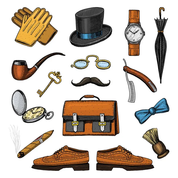 Set accessori gentiluomo. hipster o uomo d'affari, epoca vittoriana. inciso a mano disegnato vintage. brogue, valigetta, camicia e sigaro. cilindro, pipa fumante, rasoio, monocolo, pince-nez — Vettoriale Stock