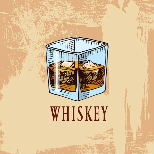 Whiskey in de bar. alcoholische drank of drankje met de geest. gegraveerde hand getrokken in oude vintage schets. — Stockvector