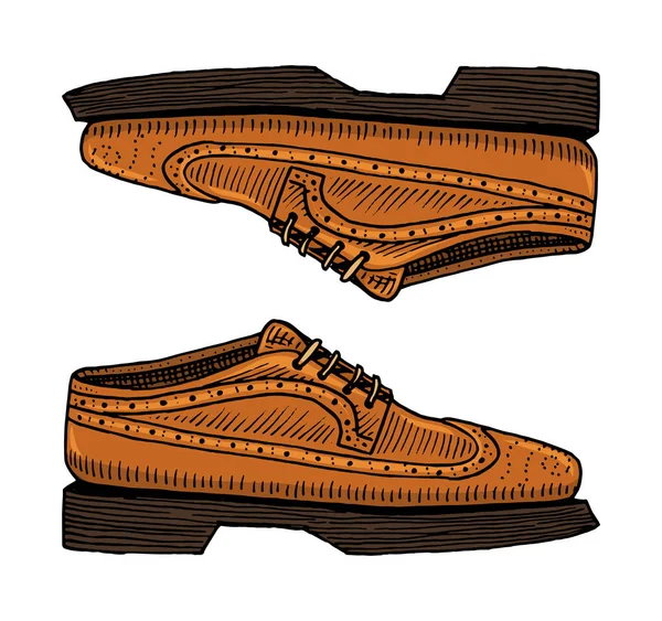 Classic shoes vagy férfi tartozék. vésett kézzel rajzolt régi vintage vázlat. lábbeli és brogues, alkalmi stílus. — Stock Vector