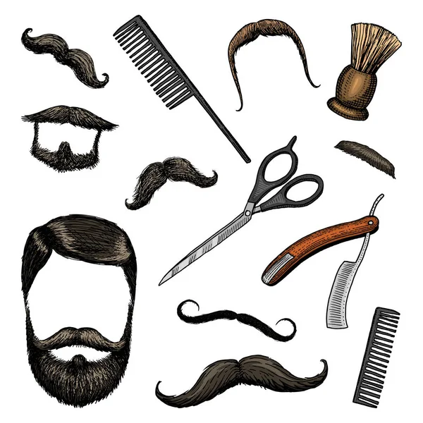 Barbershop tools icon set. man or hipster fashion. hair and beard and mustache, brush and razor for shaving. engraved hand drawn in old vintage sketch. — Stock Vector