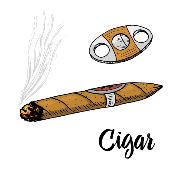 Cigare ou fumée, emblème gentleman. Mauvaise habitude. Une cigarette classique. gravé à la main dans un vieux croquis vintage. — Image vectorielle