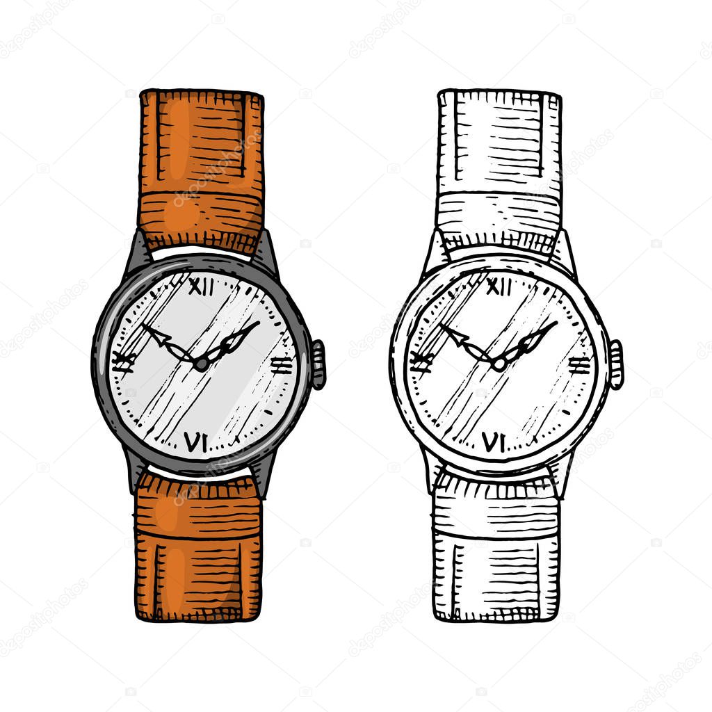 wristwatch or wristlet watch, classic man with bracelet. accessory for time tracking. victorian era. engraved hand drawn in old vintage sketch.