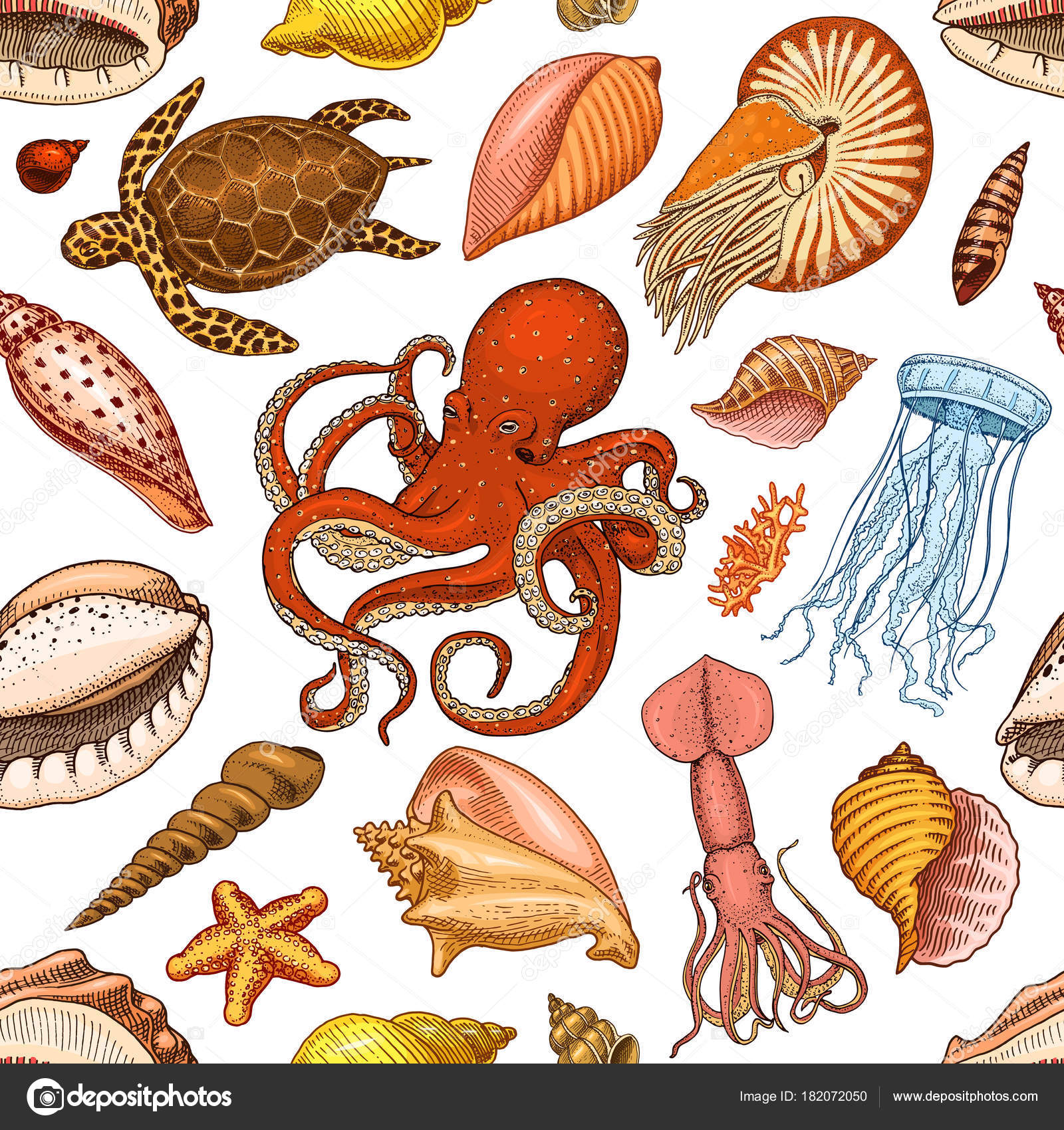 Seamless pattern shells, seaweed and octopus and squid. sea life and creature. engraved hand drawn in old sketch, vintage style. nautical or marine, monster or food. animals in the ocean. Stock Vector Seamless pattern shells, seaweed and octopus and squid. sea life and creature. engraved hand drawn in old sketch, vintage style. nautical or marine, monster or food. animals in the ocean. Stock Vector