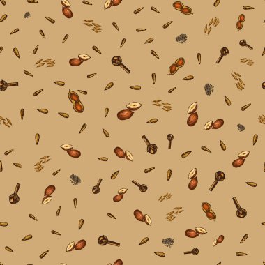 Otlar, baharat ve baharat, seamless modeli. menü için tohumlar. Organik bitki veya vejetaryen sebze. oyulmuş elle çizilmiş eski kroki, vintage tarzı.