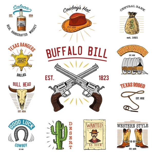 Cowboy in märken. Vilda västern, rodeo eller indier med lasso. hatt och pistol, sheriff stjärna, boot med hästsko. graverade hand dras i gamla skiss eller och vintage stil och etiketter för utskrifter. logotyp eller emblem. — Stock vektor