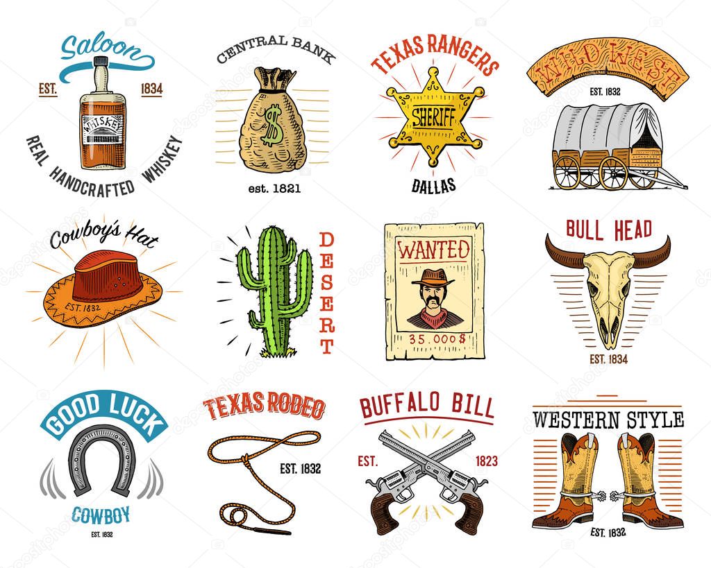 Cowboy set badges. Wild west, rodeo or indians with lasso. hat and gun, sheriff star, boot with horseshoe. engraved hand drawn in old sketch or and vintage style and labels for prints. logo or emblem