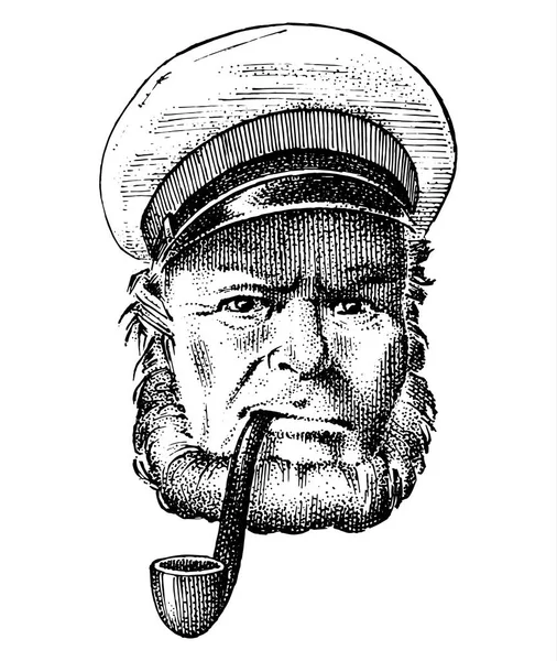 海上尉, 航海老水手用管子或 bluejacket, 水手与胡子或人海员。坐船或乘船旅行。刻在旧波西米亚素描手绘. — 图库矢量图片