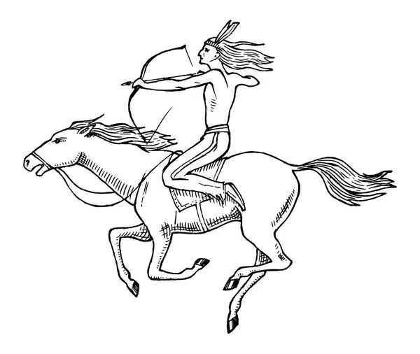 National American Indian riding horse with spear in hand. traditional man. engraved hand drawn in old sketch. — Stock Vector